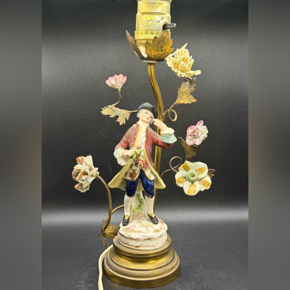 Vintage French Porcelain Gentleman Floral Figure Gilt Metal Table Lamp, Lighting